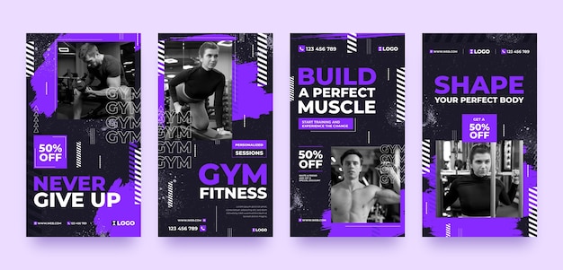 Vector flat gym and exercise instagram stories collection