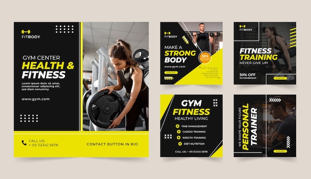 Vector flat gym instagram post set