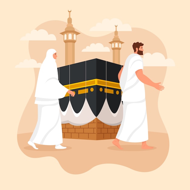 Illustrazione hajj piatta con persone che visitano la mecca