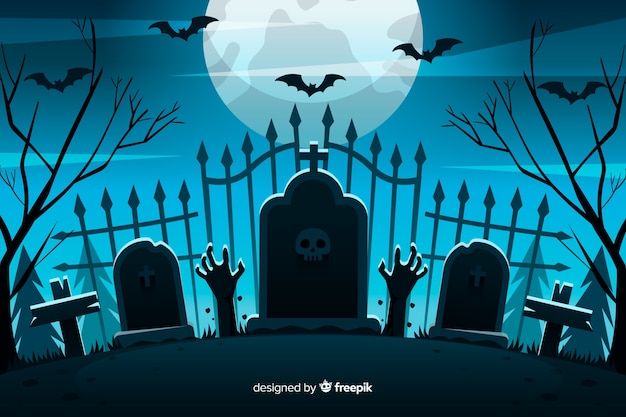 Vector flat halloween background cemetery gate