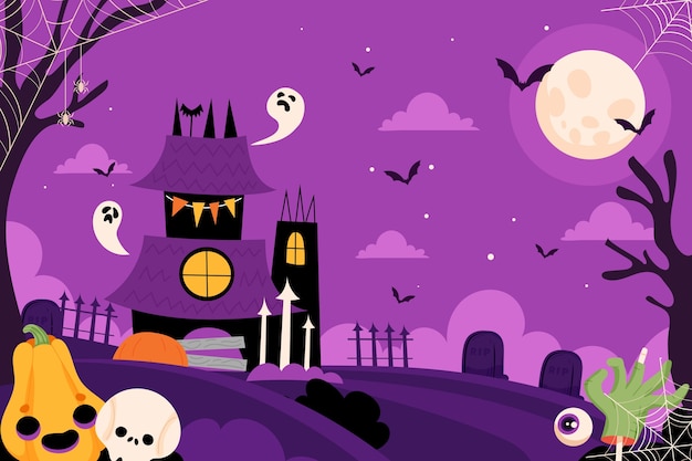 Flat halloween background with haunted house