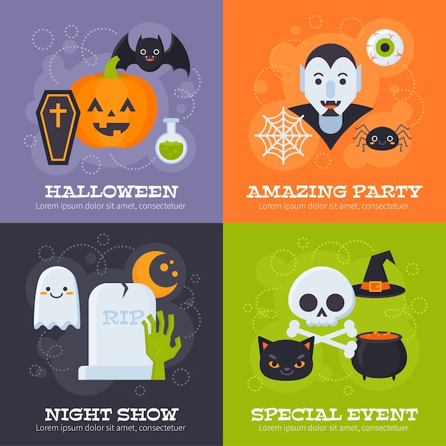 Bandiere piane di halloween con elementi e personaggi creepy per modelli di carta, stampa e web design