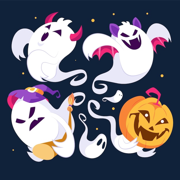 Flat halloween ghosts collection