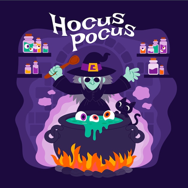 Vettore illustrazione piatta di hocus pocus di halloween