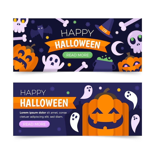 Flat halloween horizontal banners set