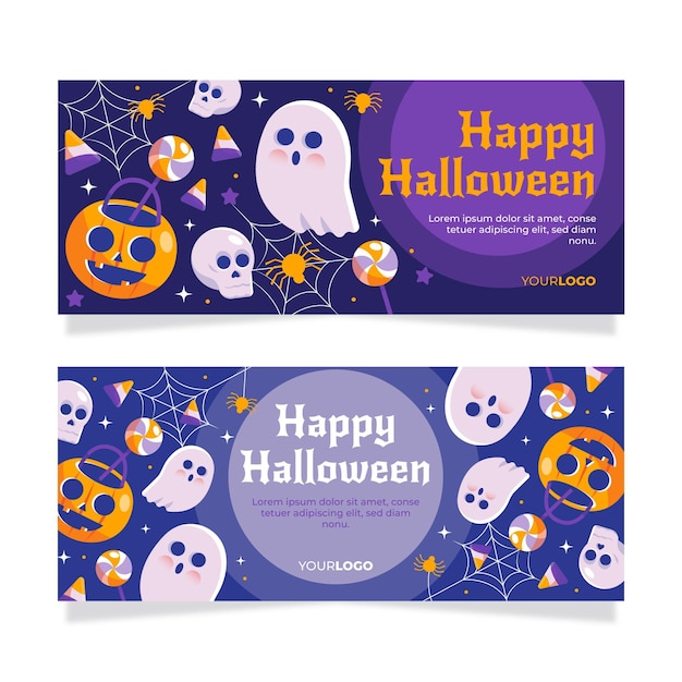 flat halloween horizontal banners set