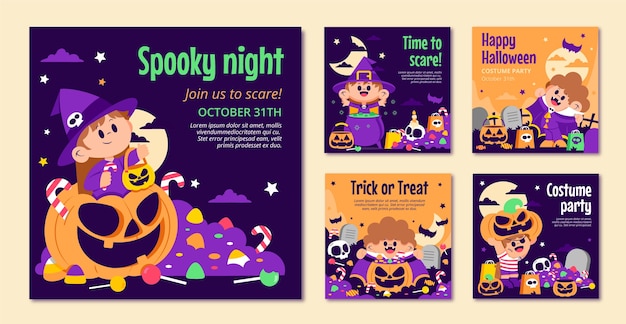 Flat halloween instagram posts collection