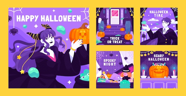 Flat halloween instagram posts collection