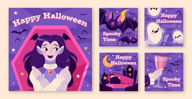 Vector flat halloween instagram posts collection