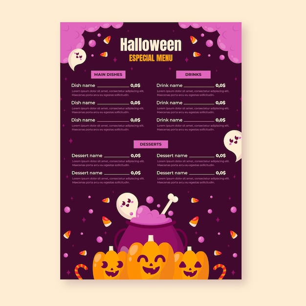 Vettore modello di menu piatto di halloween