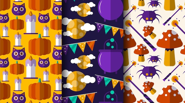 Vector flat halloween patterns collection