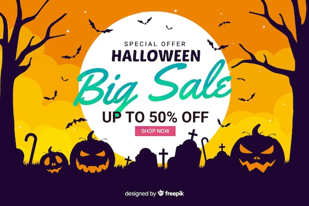 Flat halloween sale with pumpkins and trees