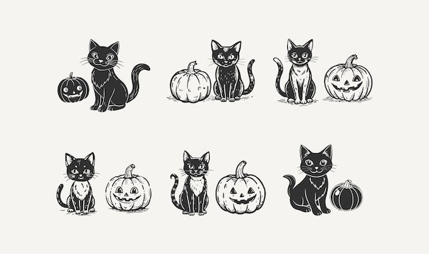 Flat halloween schattige kat en pompoen met bladeren