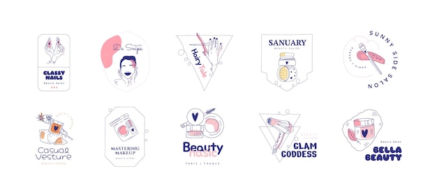 Vector flat-hand drawn beauty salon logo set