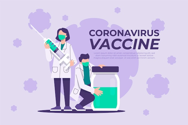 Flat-hand drawn coronavirus vaccine background with doctors and syringe