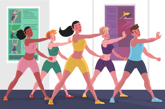 Vector flat-hand drawn dance fitness class with people