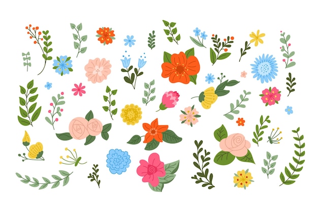 Flat hand drawn doodle spring flowers and leaves