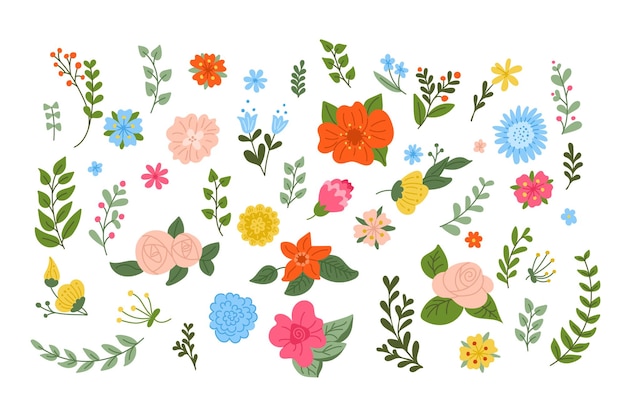 Fiori e foglie di primavera disegnati a mano