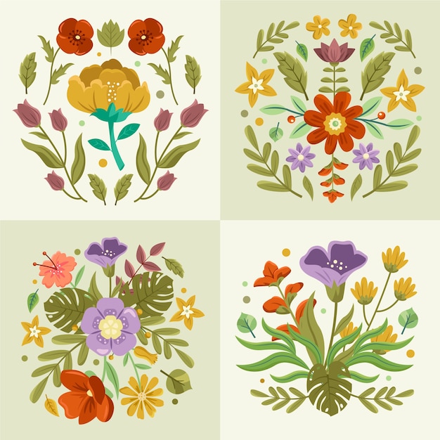 Vector flat hand drawn flowers illustration set with beautiful blossom flowers