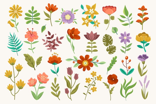 Vector flat hand drawn flowers original elements collection with flowers and branches