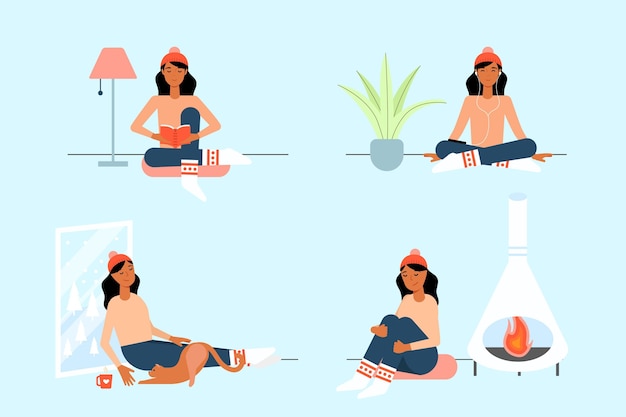 Vector flat-hand drawn hygge lifestyle illustration with people