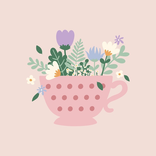 Vector flat hand drawn vector illustration of cute mug with wild flowers decorative element