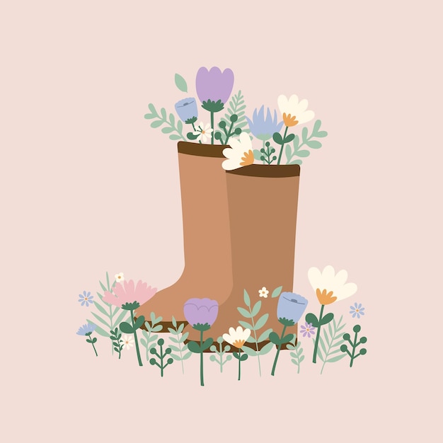 Vector flat hand drawn vector illustration of cute pastel boots with wild flowers decorative element