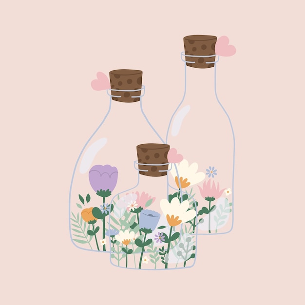 Vector flat hand drawn vector illustration of cute pastel glass bottles with flowers decorative element