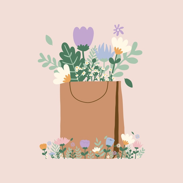 Vector flat hand drawn vector illustration of cute pastel paper bag with wild flowers decorative element