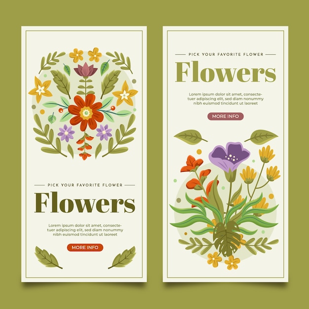 Vector flat hand drawn vertical banner template collection with beautiful blossom flowers