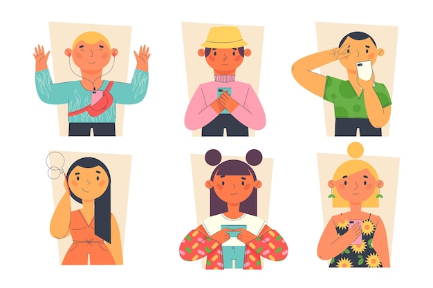 Flat-hand drawn young people using smartphones