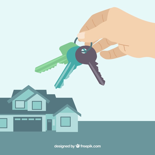 Flat hand holding house key background