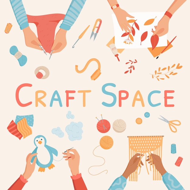 flat handmade art craft space banner concept cartoon hands create colorful craftwork hobby