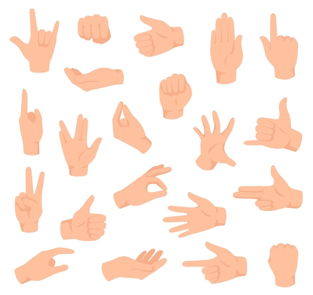 Flat hands. man hand various gestures, fist. open palm victory and thumbs up, pointing finger sign