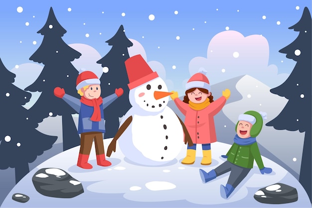 Vector flat happy fmily winter people background