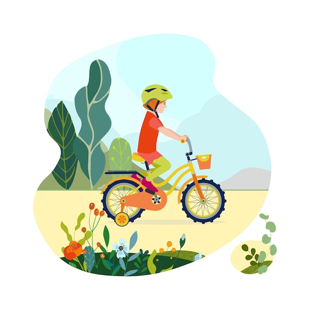 Flat happy girl kid on bicycle on a park road with flowers and leaves Child riding colorful bike outdoor sport in natural summer landscape by pathway track through green Vector illustration