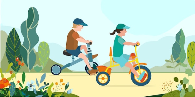 Flat happy kids on bicycles on a park road with flowers and leaves Children riding colorful bikes outdoor sport in natural summer landscape by pathway track through green Vector illustration