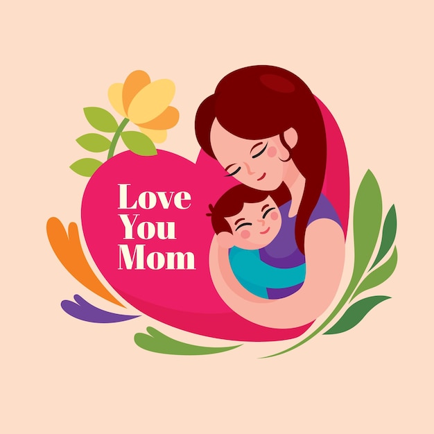 Flat happy mother's day greetings with mother hugging son in arms illustration