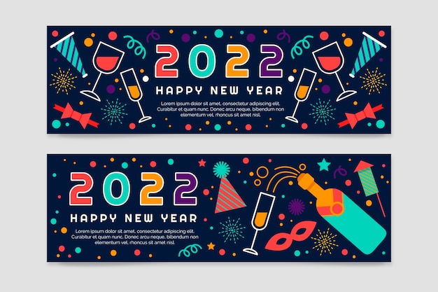 Vector flat happy new year 2022 horizontal banners set