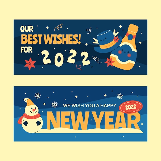 Vector flat happy new year 2022 horizontal banners set