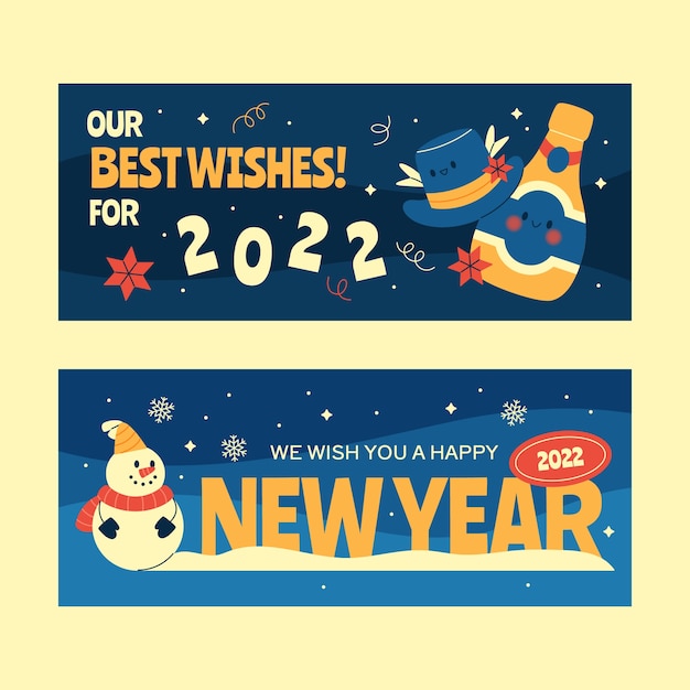 Flat happy new year 2022 horizontal banners set