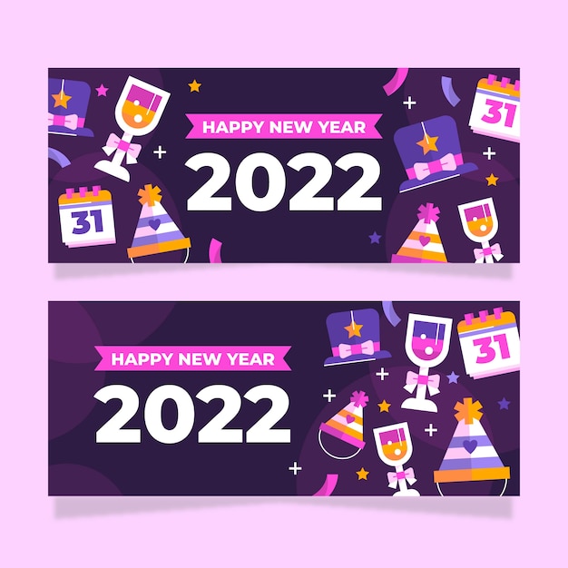 Flat happy new year 2022 horizontal banners set