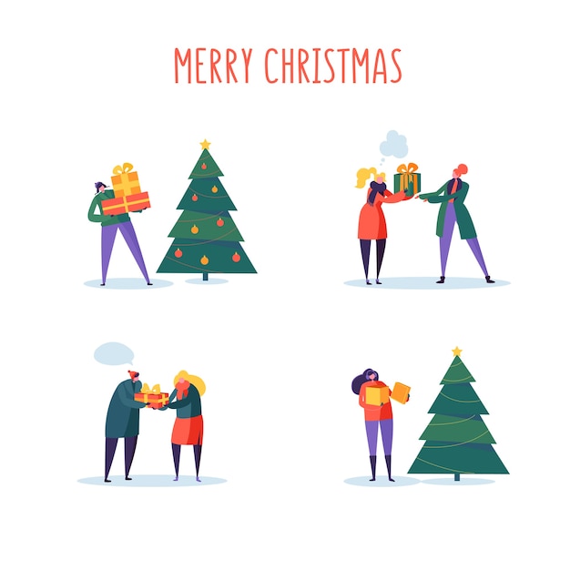 Flat happy people with gifts and christmas tree