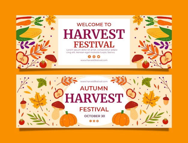 Flat harvest festival horizontal banners set