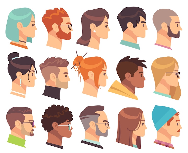 Vector プロファイルのフラットヘッド。さまざまな髪型とアクセサリーを持つ男性と女性のさまざまな人間の頭。カラフルなウェブアバターの顔の文字セットのシンプルなシンボル