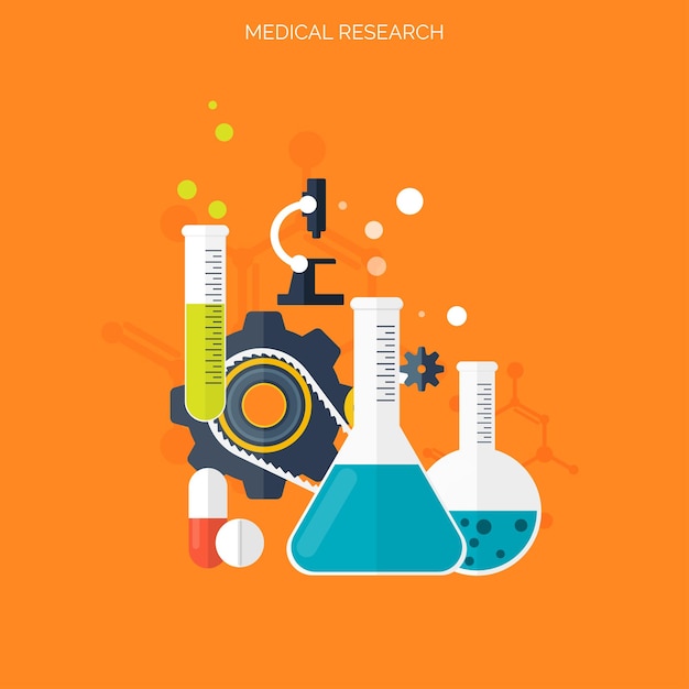 Flat health care and medical research background Healthcare system concept Medicine and chemical engineering