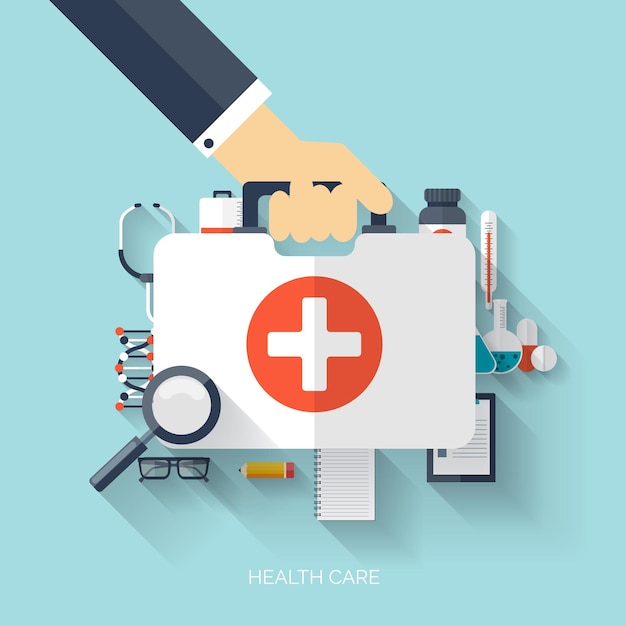 Flat health care and medical research background healthcare system concept medicine and chemical