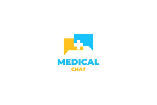 La salute piatta consulta il design del logo o la croce medica isolata sull'idea di illustrazione vettoriale di chat a bolle