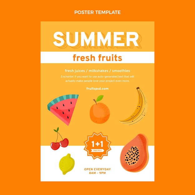 Вектор Плоский шаблон плаката с фруктами