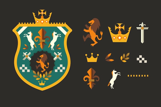 Flat heraldic badge with element set collection